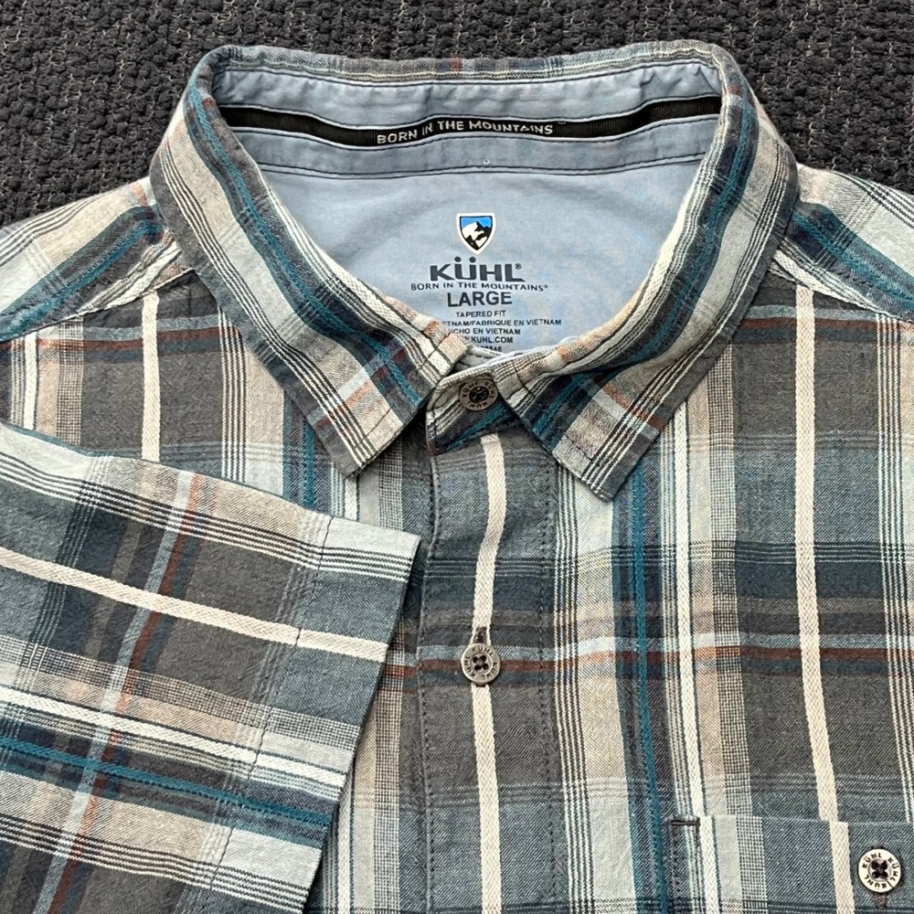 Kuhl Mens Large Short Sleeve Plaid Button Down Shirt Blue Grey Tapered Fit
